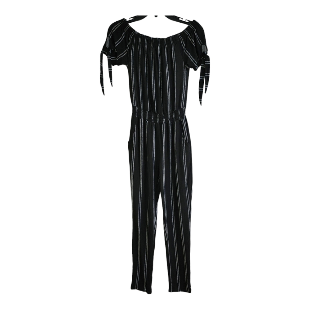 Derek Heart Womens Black Striped Off-The-Shoulder Tie-Sleeve Jumpsuit Size S NEW
